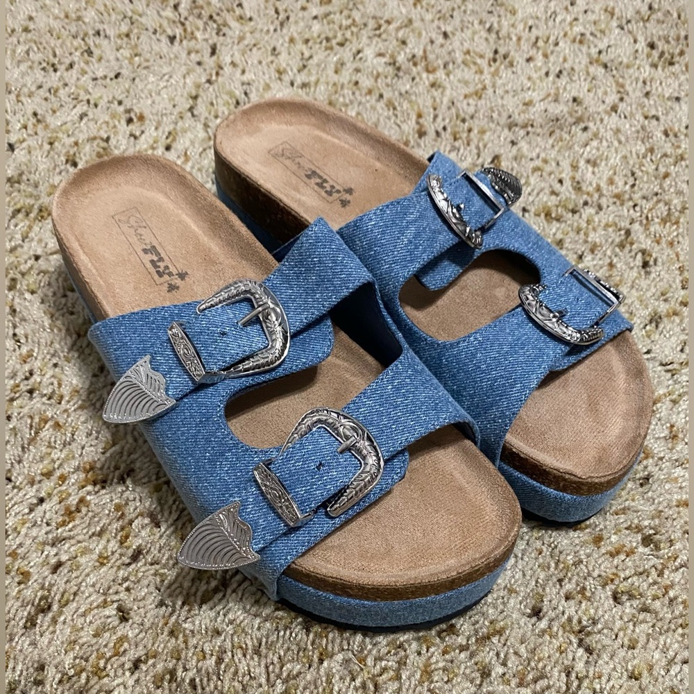 Blue Denim Buckle Slides